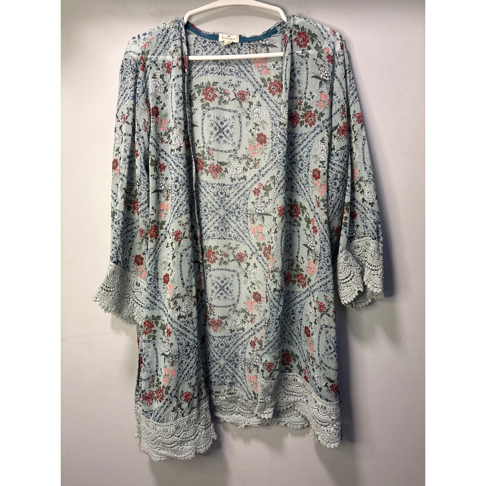 Mason & Belle Floral Boho Kimono Cardigan Blue Green Lace Trim Boho Womens Large
